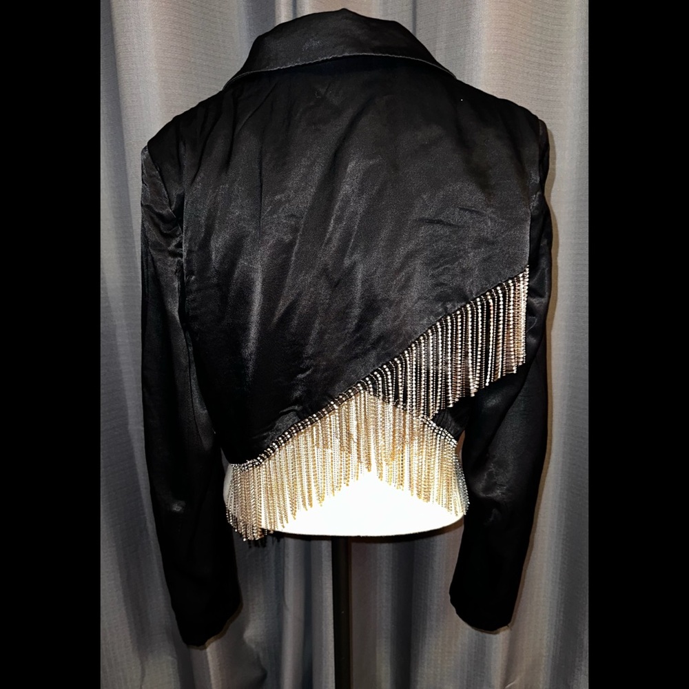 Free People ‘Deena’ Cropped Blazer Rhinestone Fringe Black Satin Blazer M EUC - Picture 2 of 10